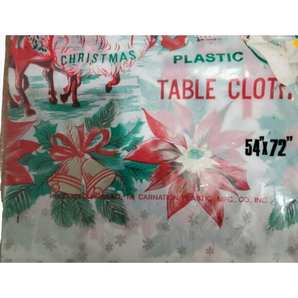3 VTG Plastic Christmas TableCloths Cover Horse Sleigh Bells Poinsettia Holiday - Picture 9 of 9